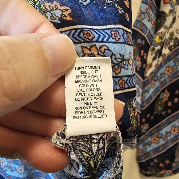 Hint of Mint Cream Blue Orange Floral Print Bell Sleeve Sheer Lace Insets XL - Picture 6 of 9